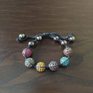 Round Crystal Bedazzled Beads Black Cord Adjustable Bracelet Rainbow Multicolor